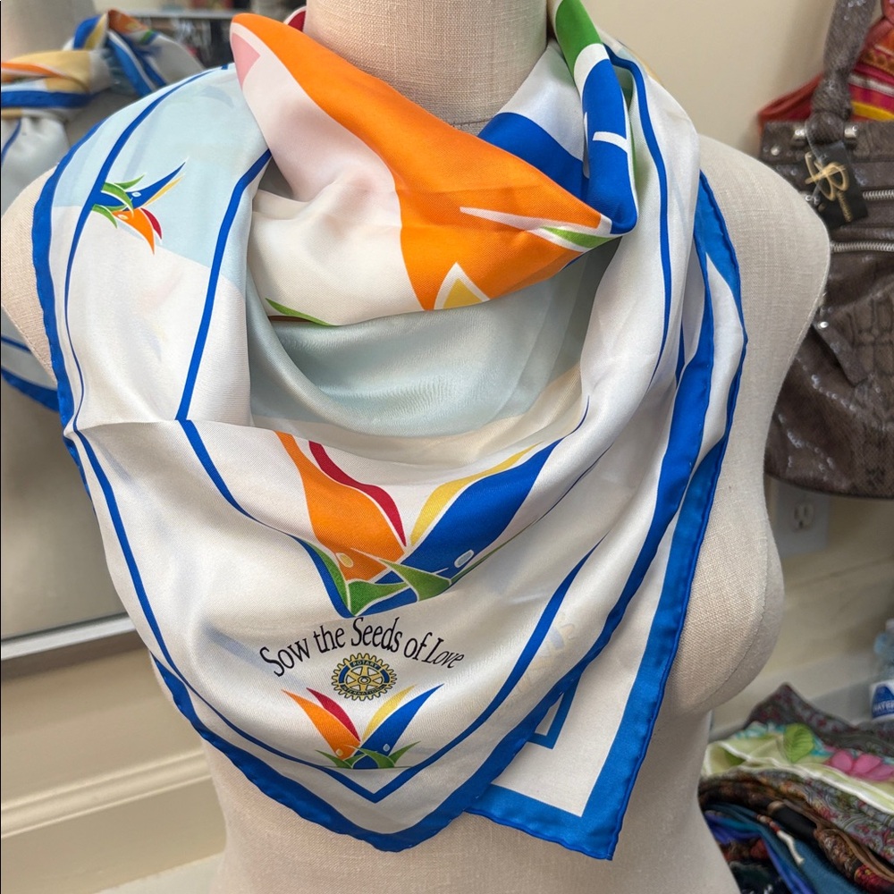 Vintage Rotarian International Sow the Seeds of Love Blue White Striped Scarf